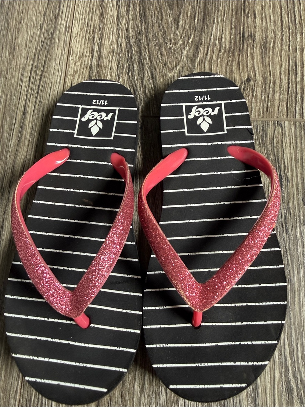 Reef Kids Glittery Pink Flip Flops with Striped Footbed